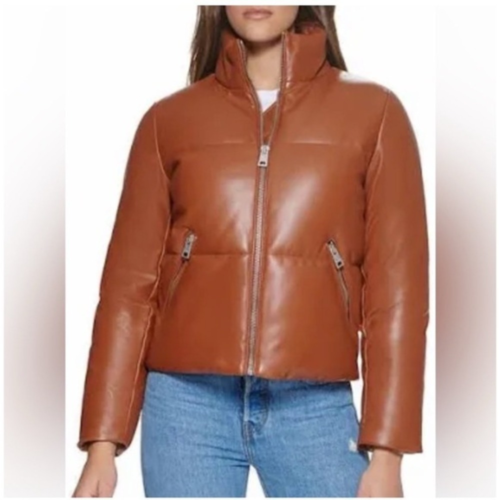 Levi Strauss & Co Women Brown Faux Leather Puffer‎ Jacket Stand Collar Size L